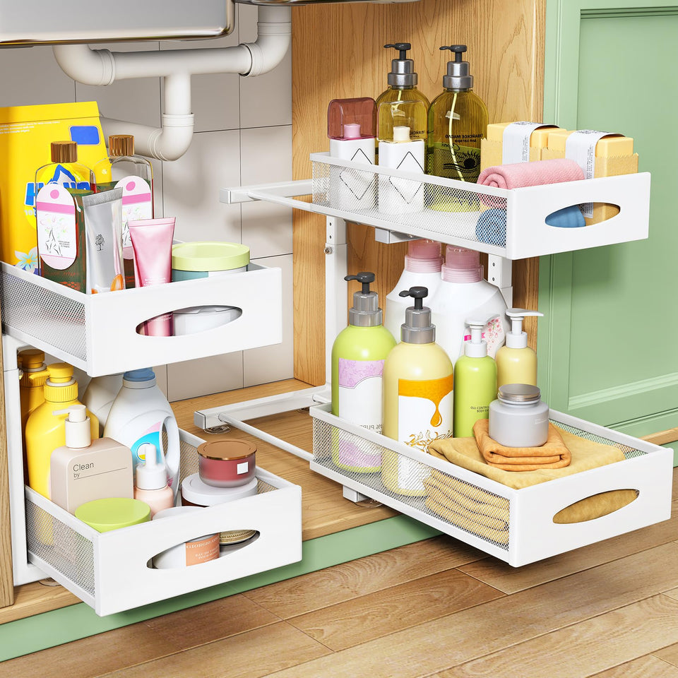 Kitstorack two-tier under-sink organizer with sliding drawers for easy access