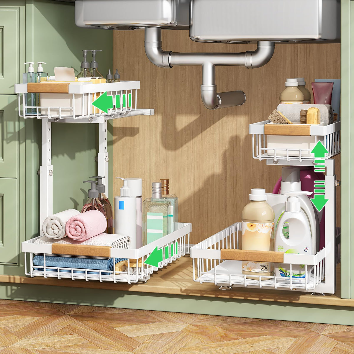 Kitstorack under-sink organizer with two-tier slide-out for easy access.