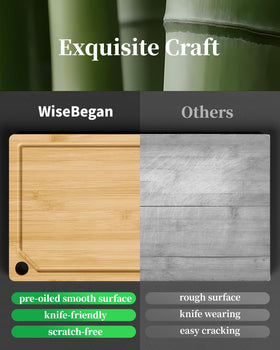 Kitsure bamboo cutting board set displayed in multiple sizes for prep and serving