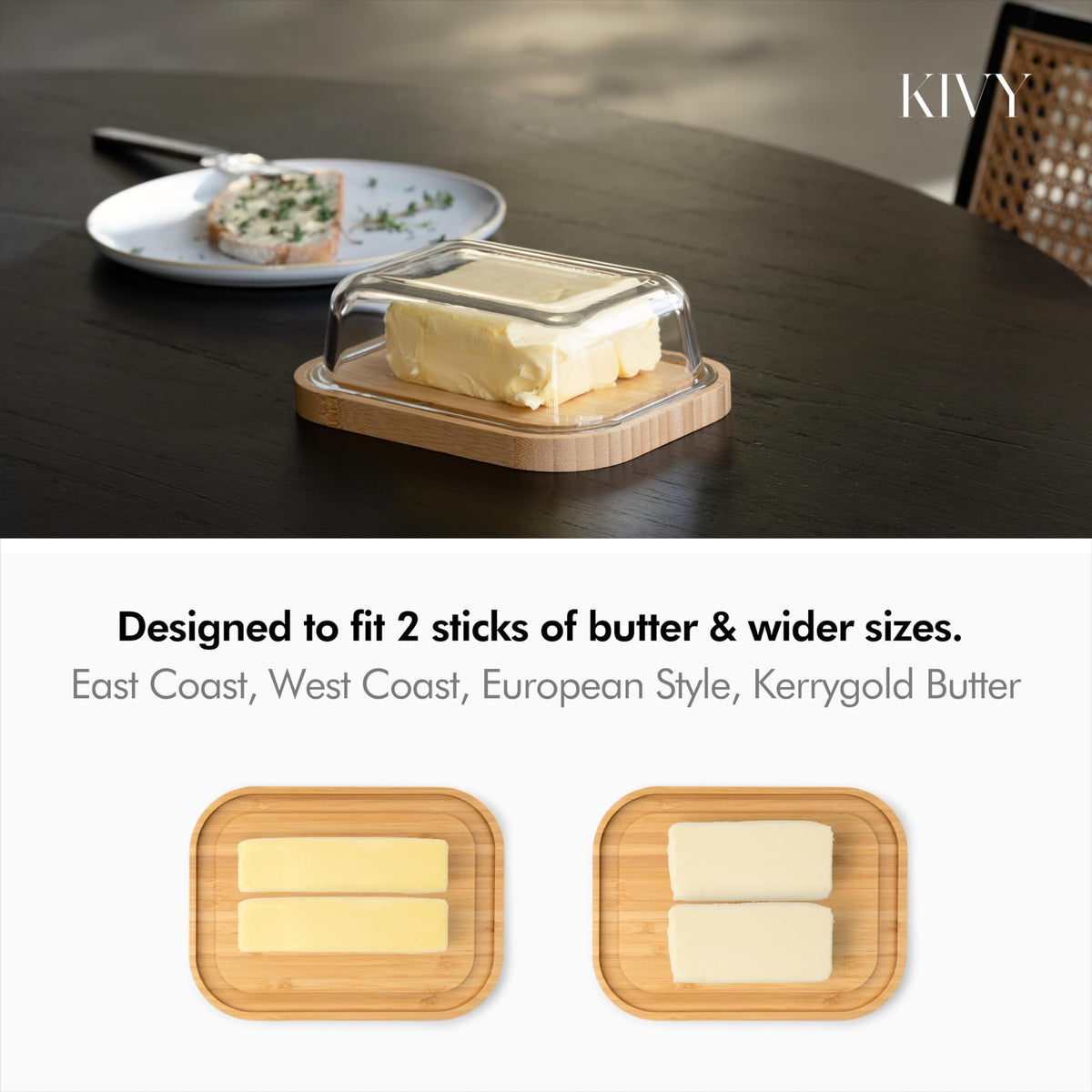KIVY butter dish demonstrates two-stick capacity for Eastern butter.