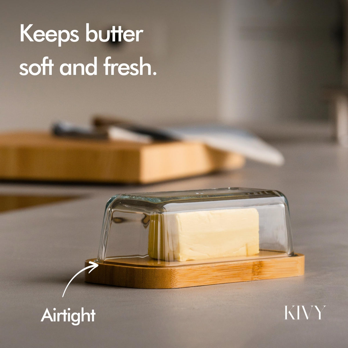 KIVY butter dish in refrigerator door shelf saves space while keeping butter ready.