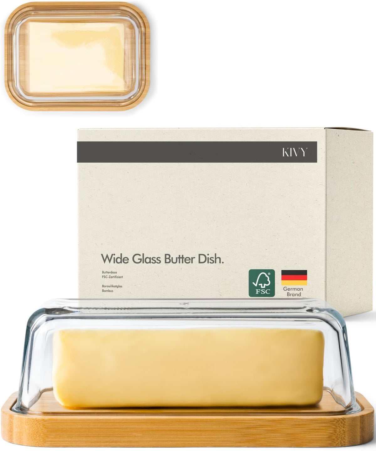 KIVY butter dish with lid on countertop showing ready-to-use butter.
