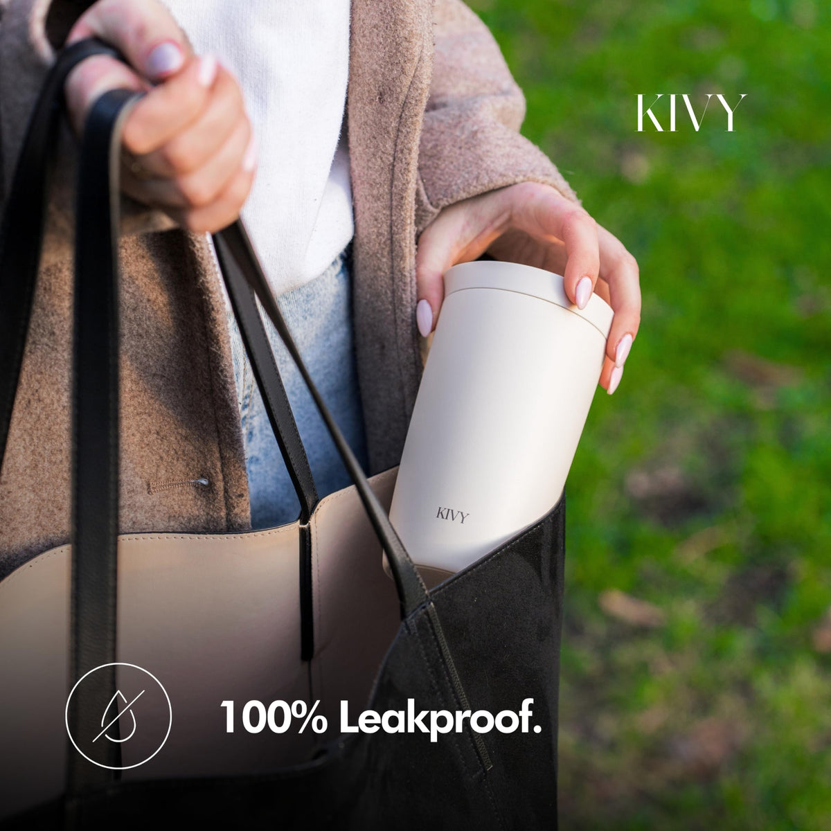 KIVY travel mug stays compact for on-the-go storage and use.