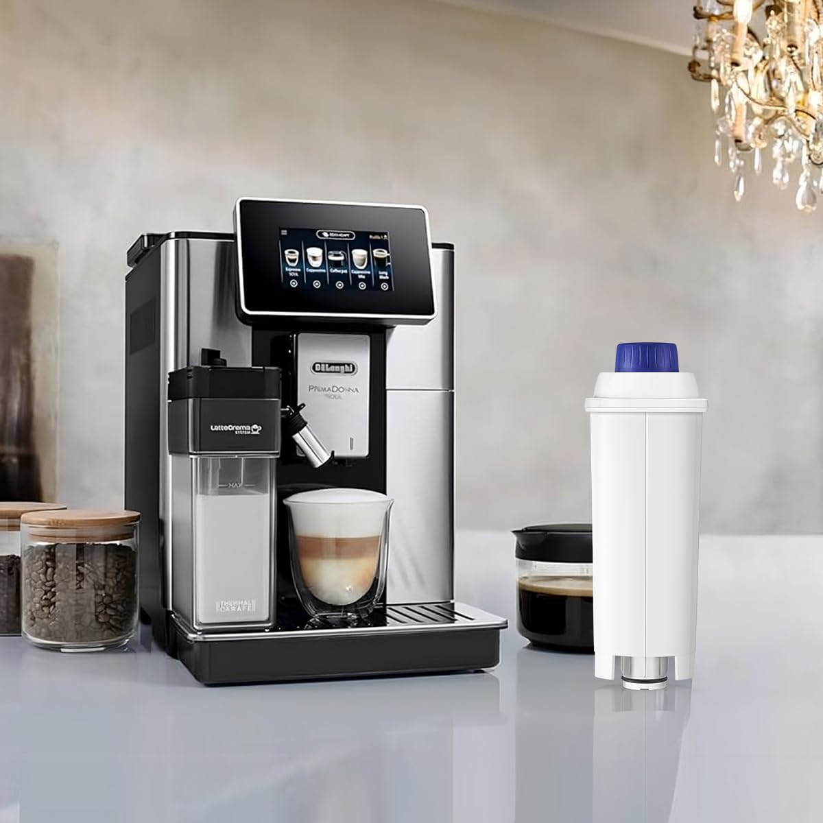 Klamol filter installation shown in a DeLonghi espresso machine.