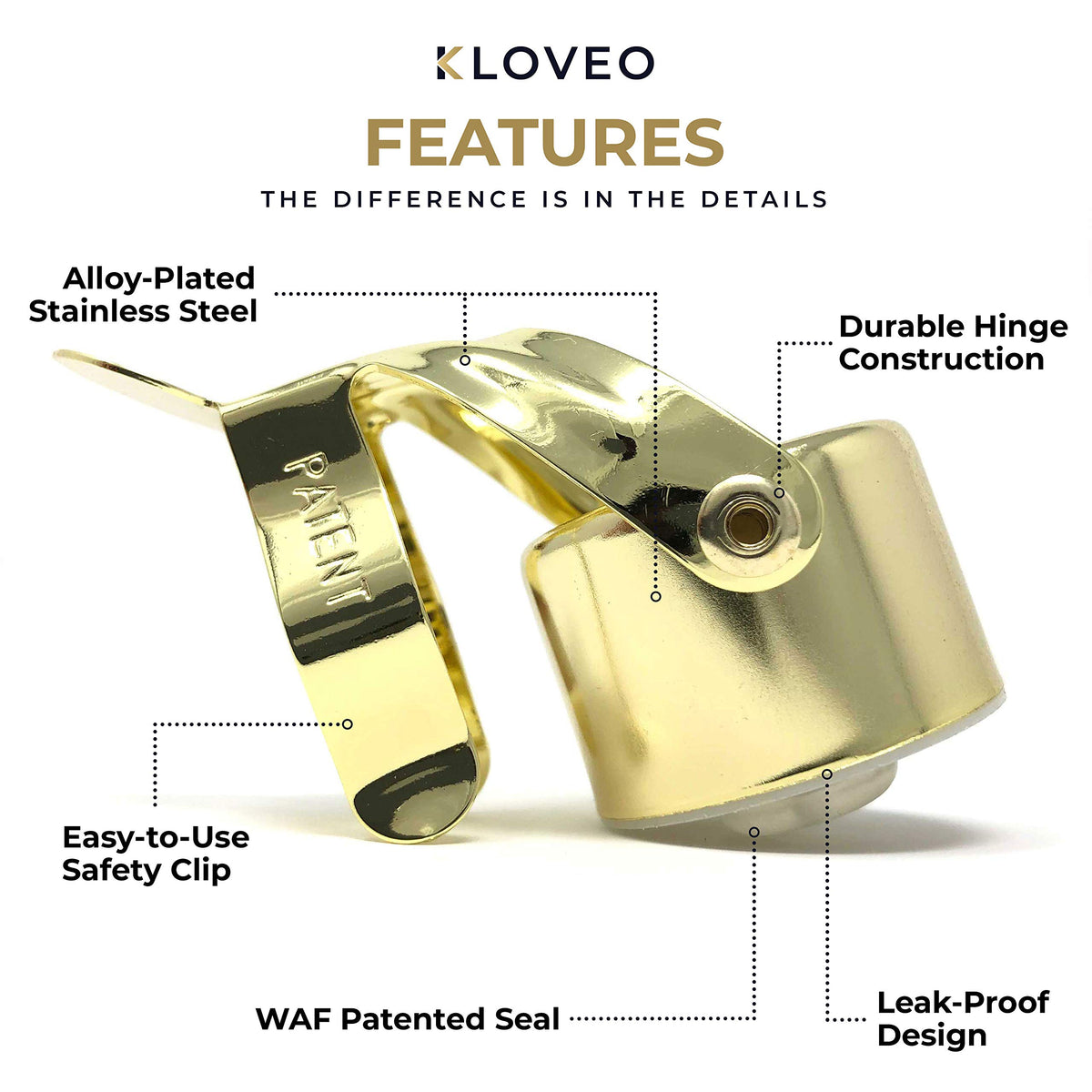 KLOVEO champagne stopper fits standard-neck bottles for Prosecco and sparkling wine.