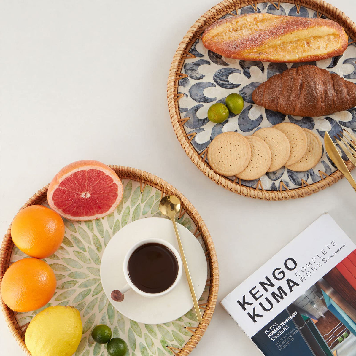 Kmelep rattan serving tray on wooden base for stylish organization
