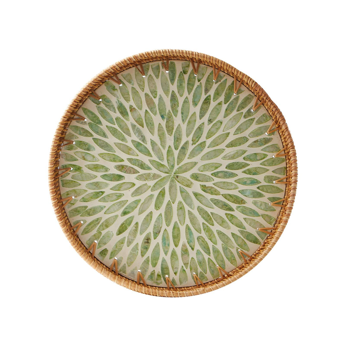 Kmelep round rattan tray with mother-of-pearl inlay for elegant serveware