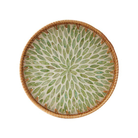 Kmelep round rattan tray with mother-of-pearl inlay for elegant serveware