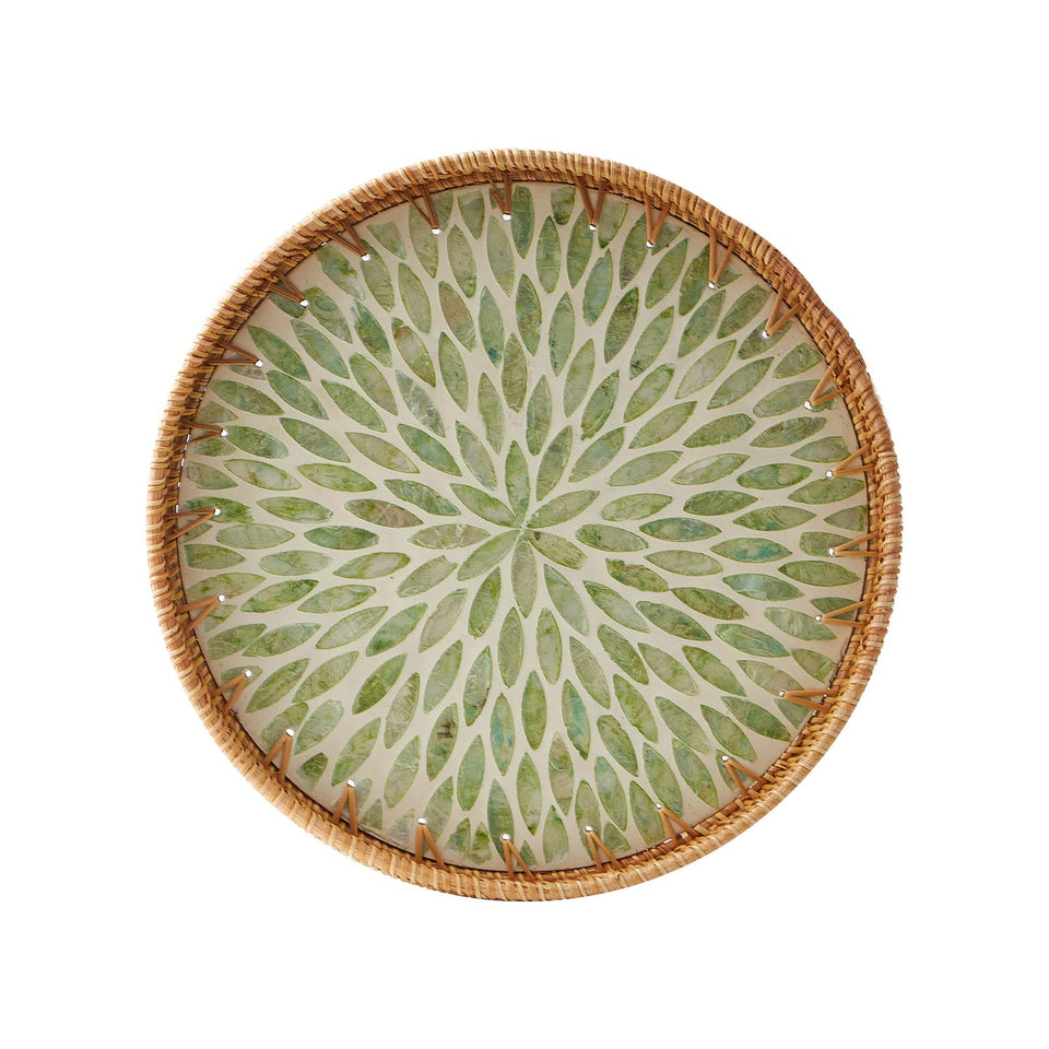 Kmelep round rattan tray with mother-of-pearl inlay for elegant serveware