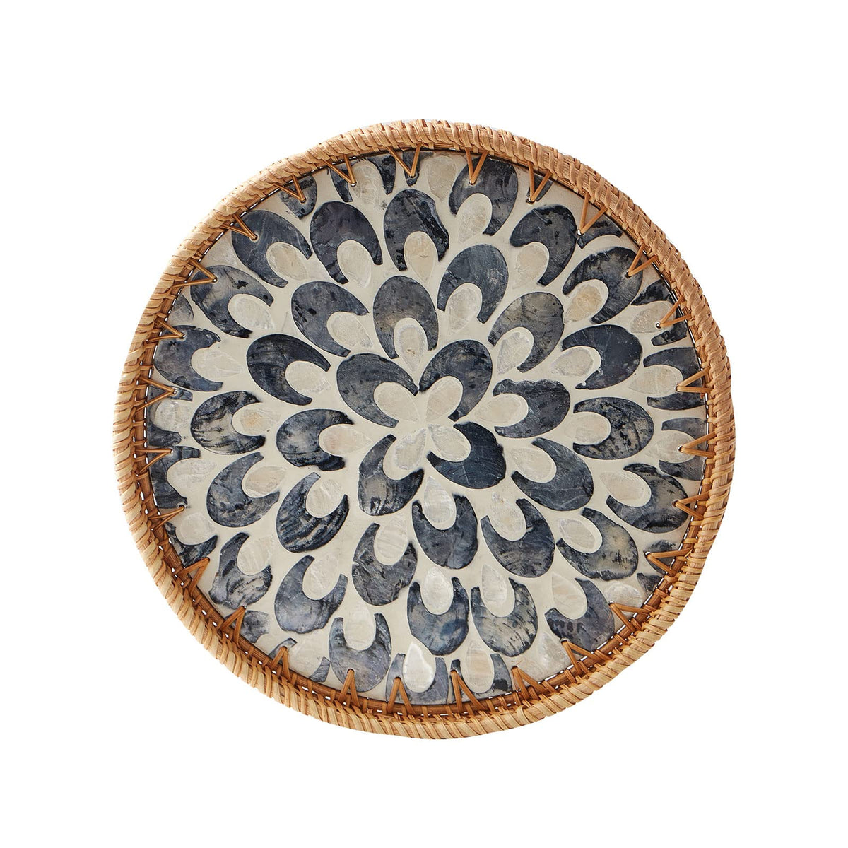 Kmelep round rattan tray with pearl inlay for elegant coffee table display.