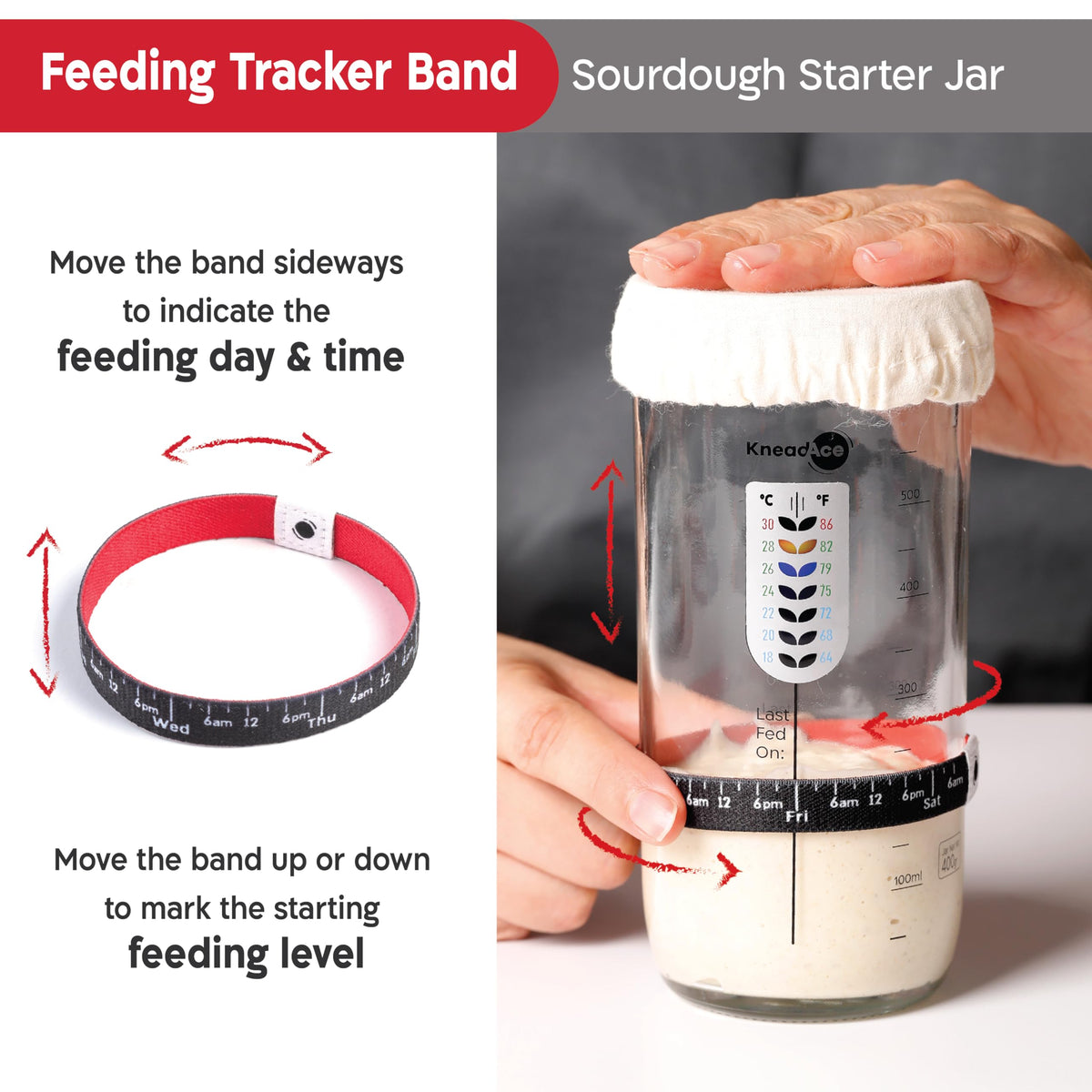 KNEADACE jar with date band shows feeding history at a glance