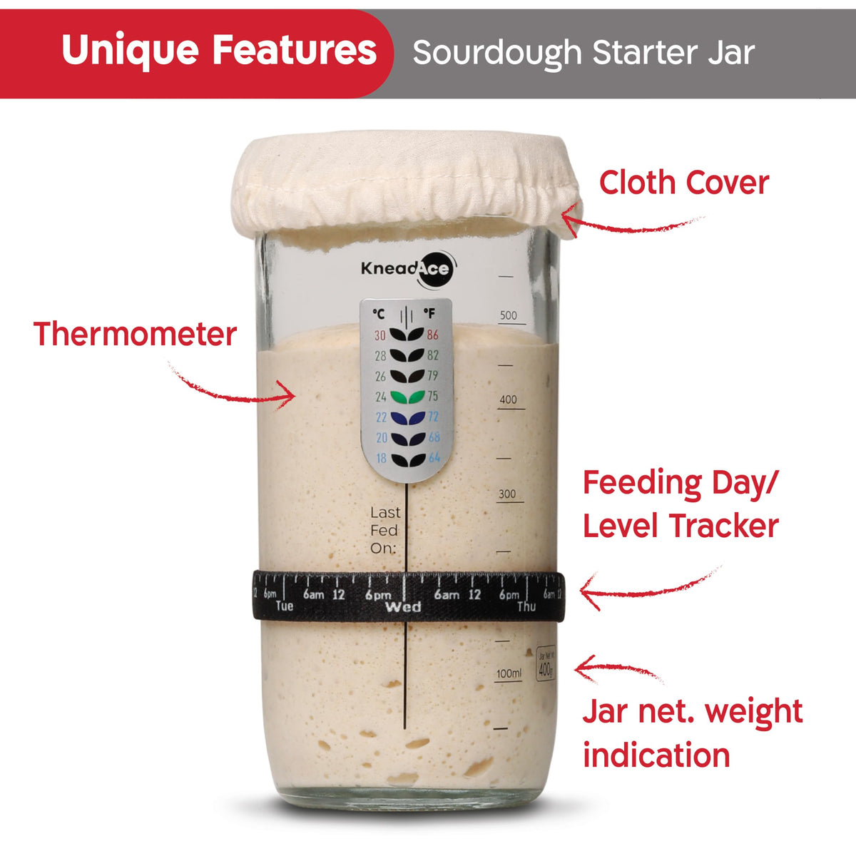 KNEADACE jar thermometer monitors starter temperature during feeding