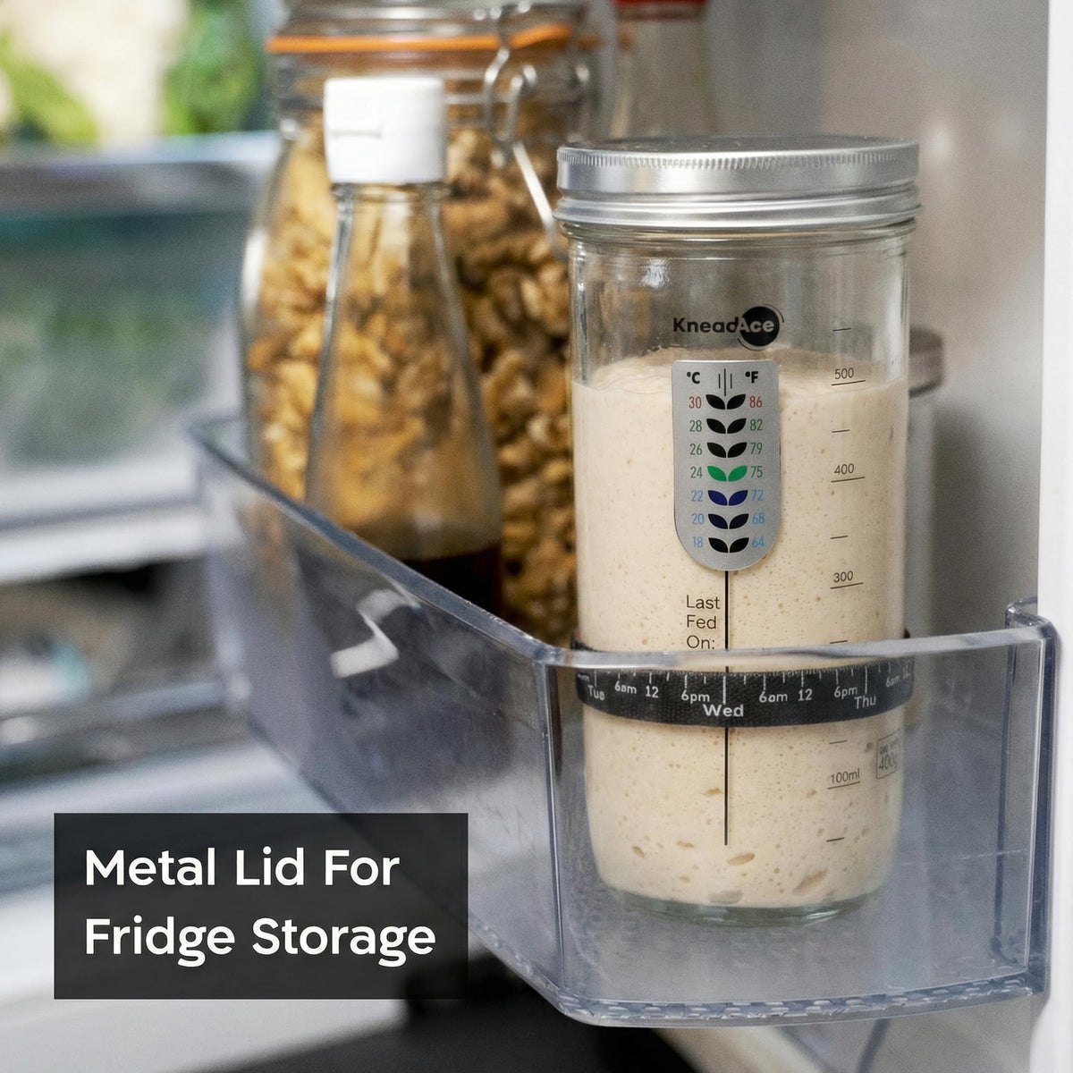 KNEADACE metal lid seals the jar to prevent spills