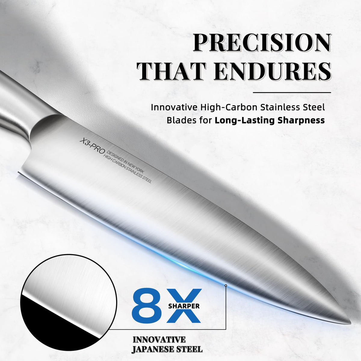 KnifeSaga 8in chef knife with built-in sharpener highlights effortless edge maintenance.