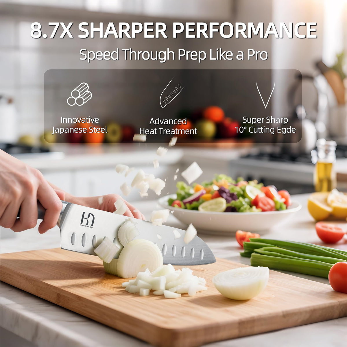 KnifeSaga 8-inch chef knife with ultra-sharp edge for effortless slicing.