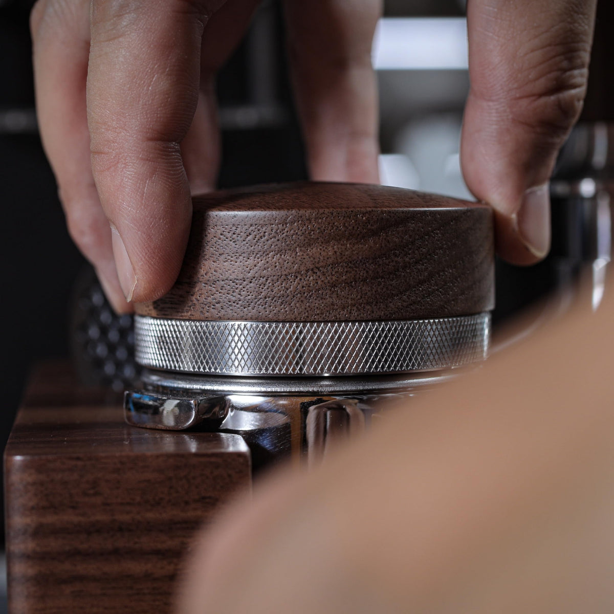 KNODOS 54mm Breville portafilter fit close-up showing precise alignment.
