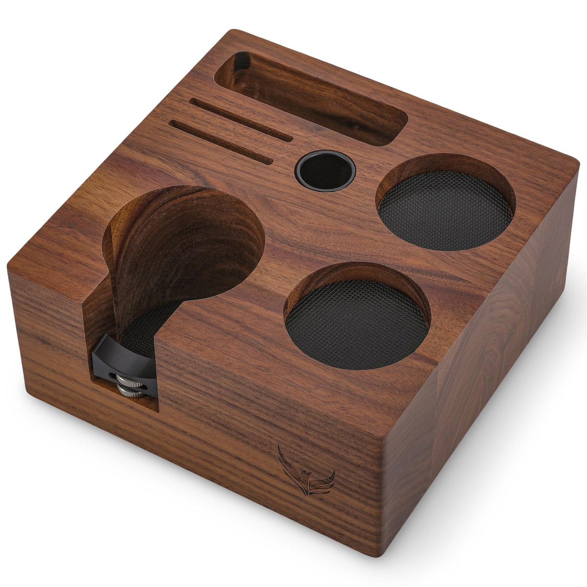 KNODOS walnut tamping station with 54mm base for Breville portafilters, stable prep