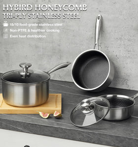 KOCH SYSTEME CS hybrid saucepan on stovetop demonstrates versatile heating.