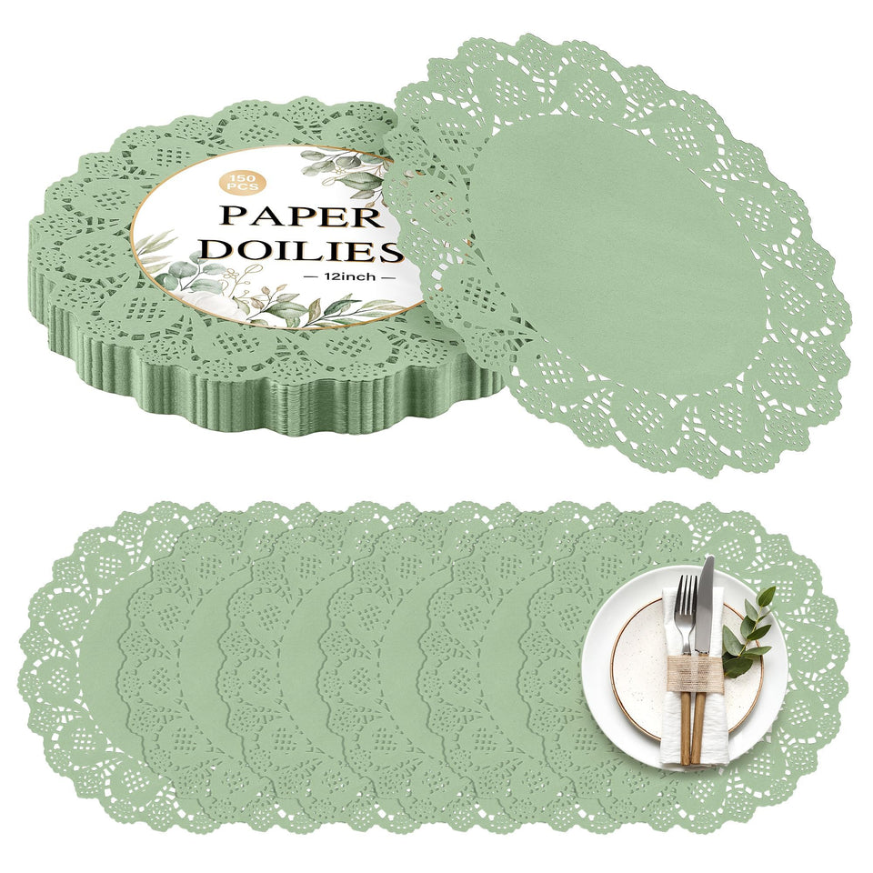 Kochorie lace doilies 12in round sage green elevate dessert presentation