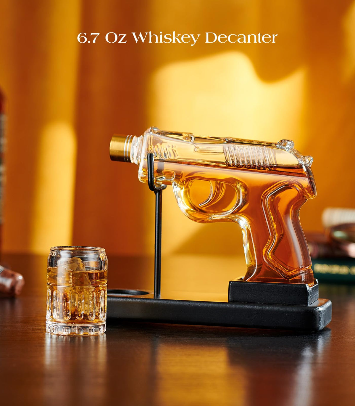 Kollea gun whiskey decanter with glass for precise, measured pours.