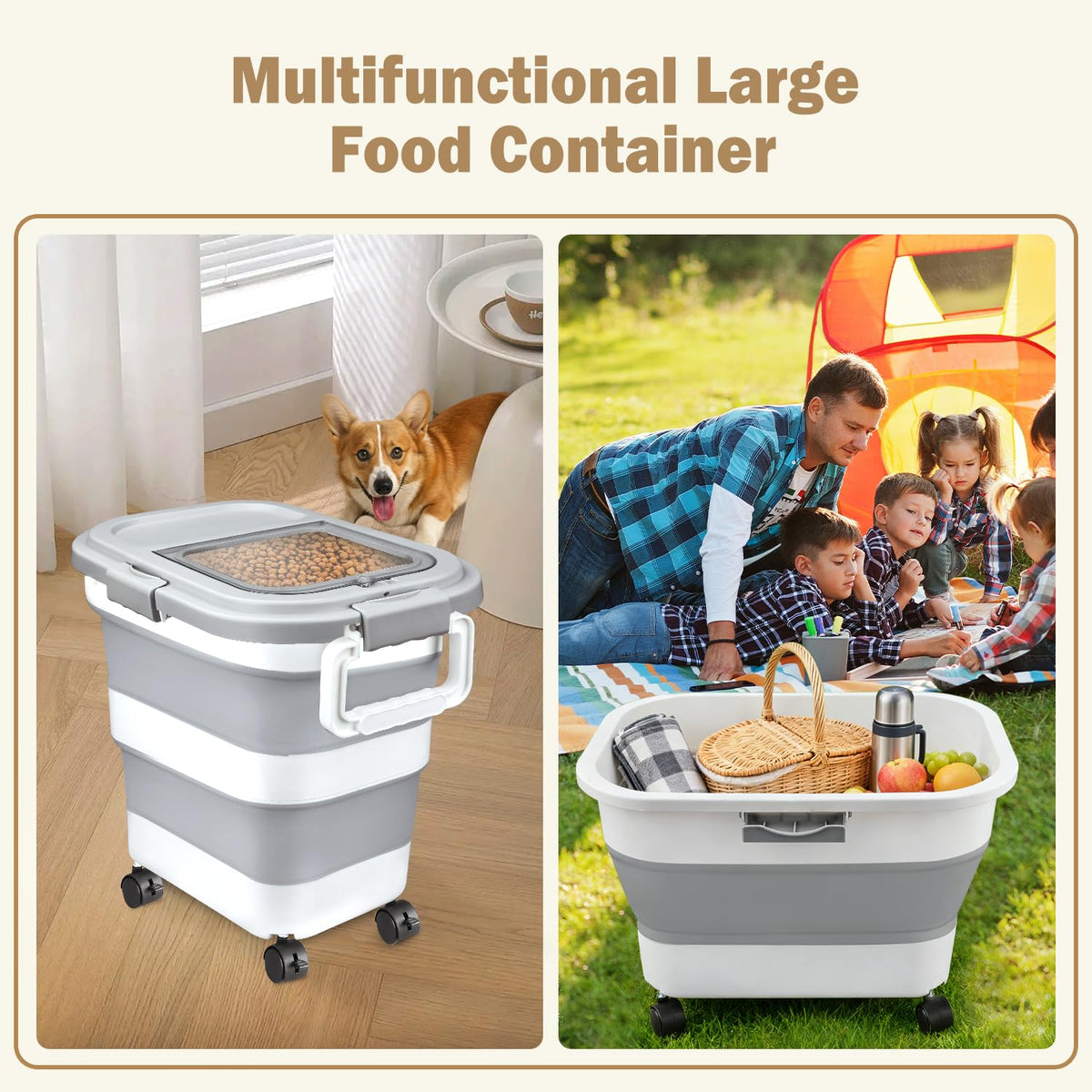 Komzon pet food storage section shows 25lb capacity example