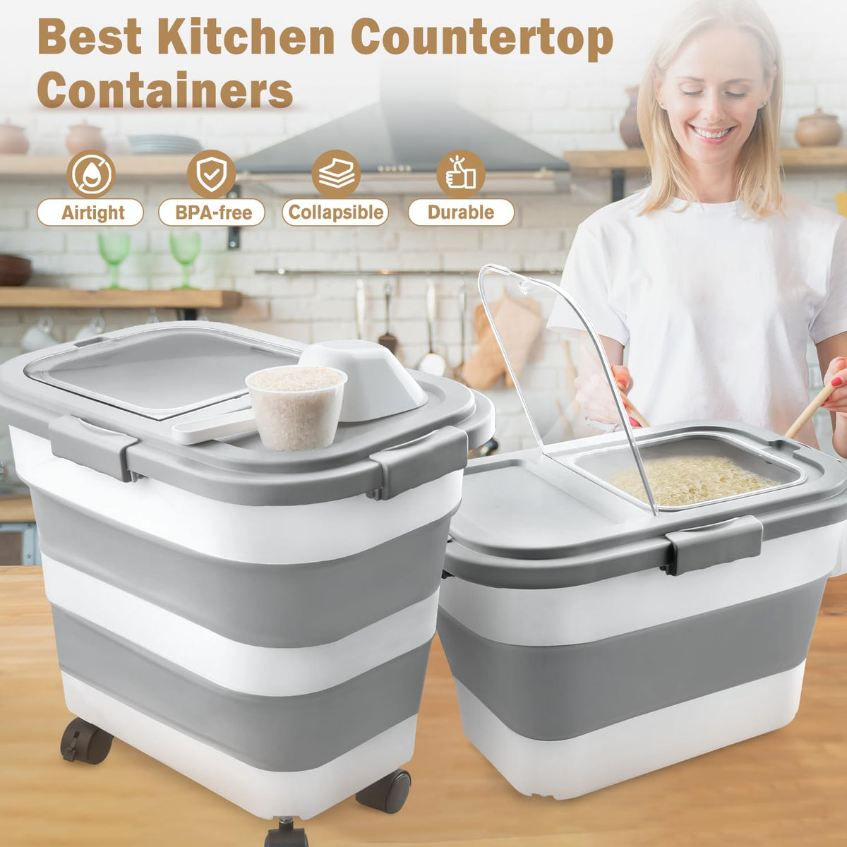 Komzon rice storage container wheels and handle demonstrate portable movement