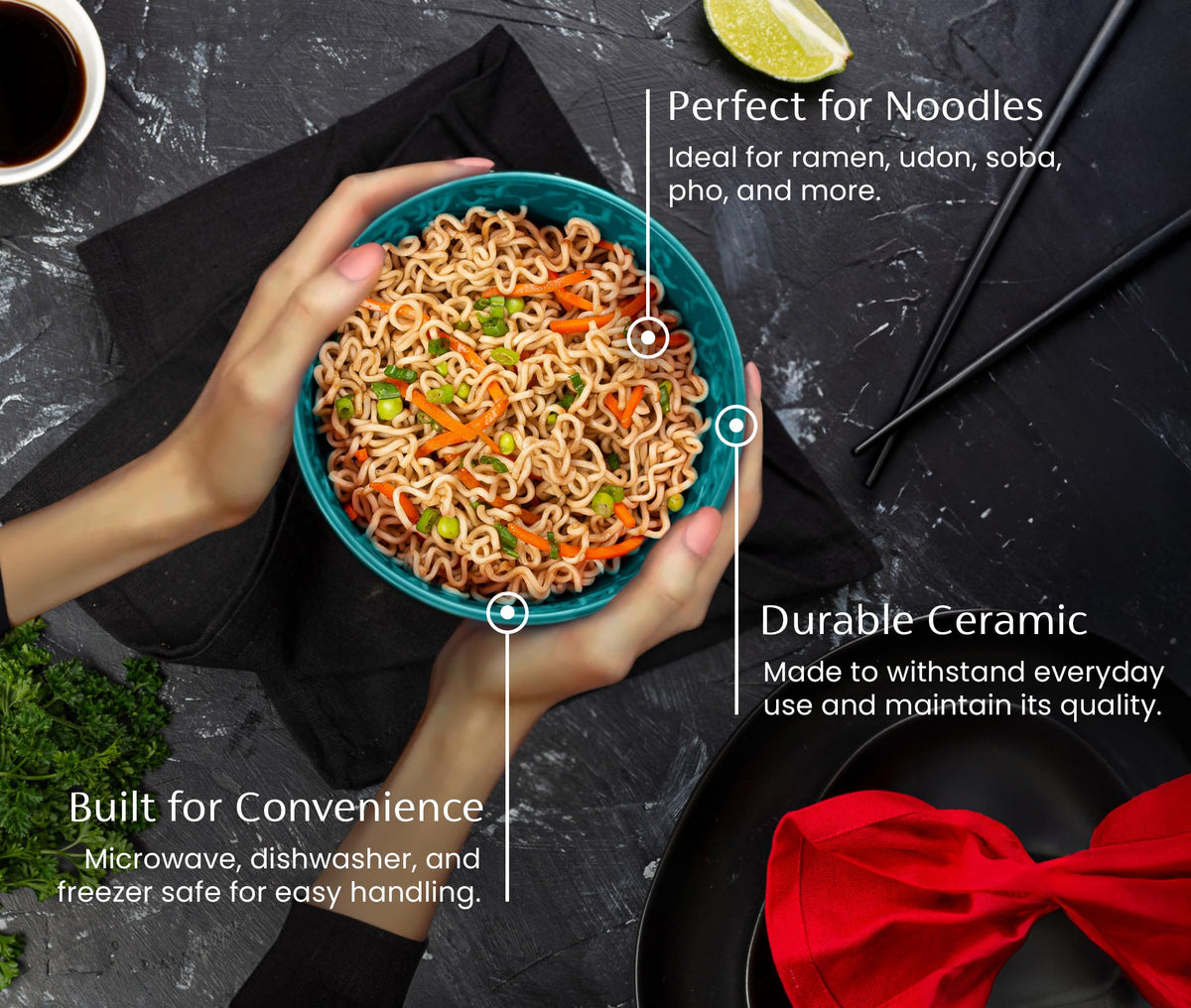 Odor- and stain-resistant ceramic keeps bowls looking new after use.