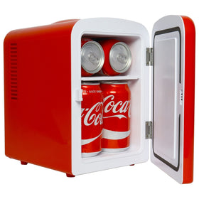 Koolatron Coca-Cola 4L mini-fridge side panel view emphasizes portable design for dorm rooms.