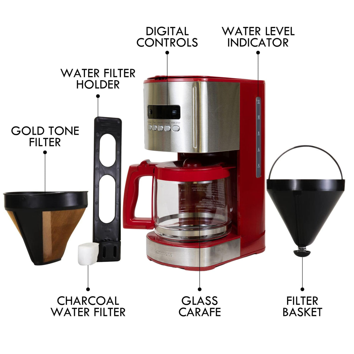 Charcoal water filter on Koolatron Kenmore improves water quality.