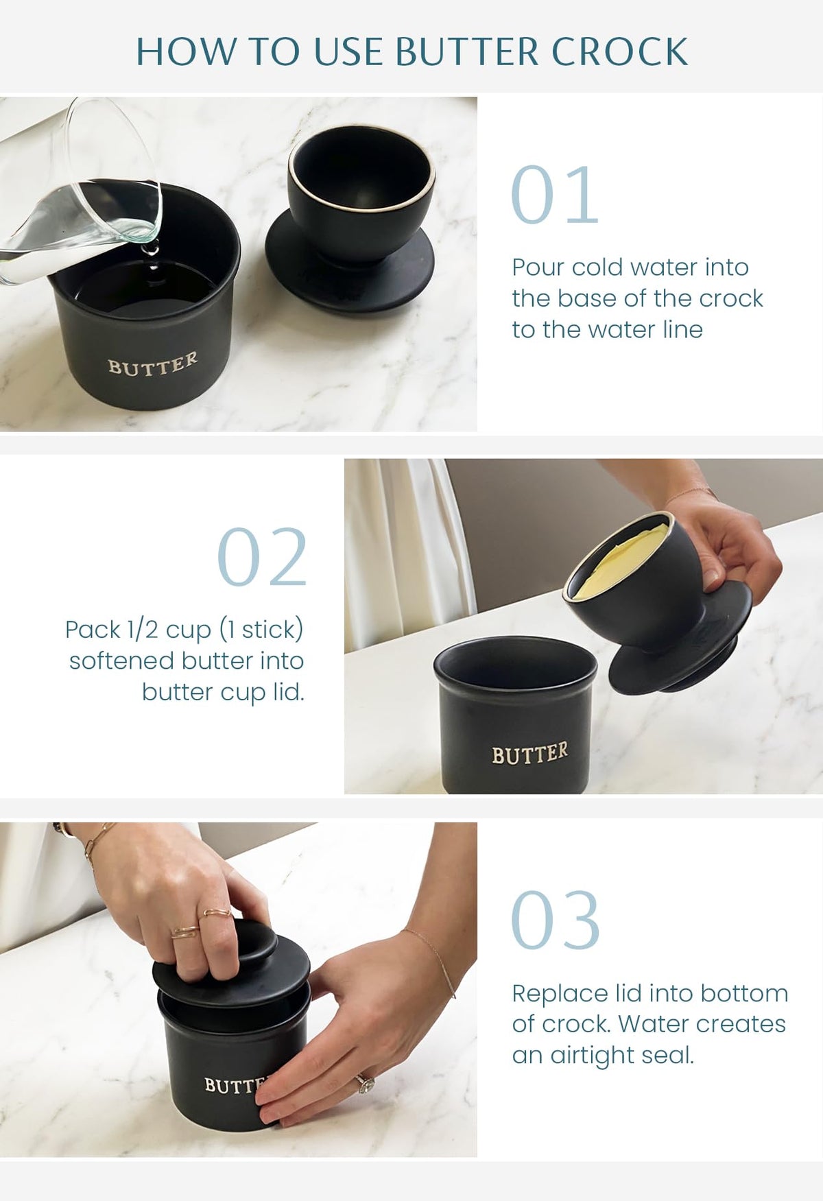 Butter dish on countertop supports fast breakfasts and brunches.