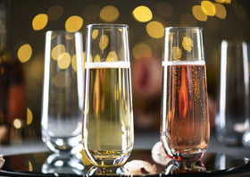 KooK stemless flute showcasing Prosecco pour, perfect for toasts.