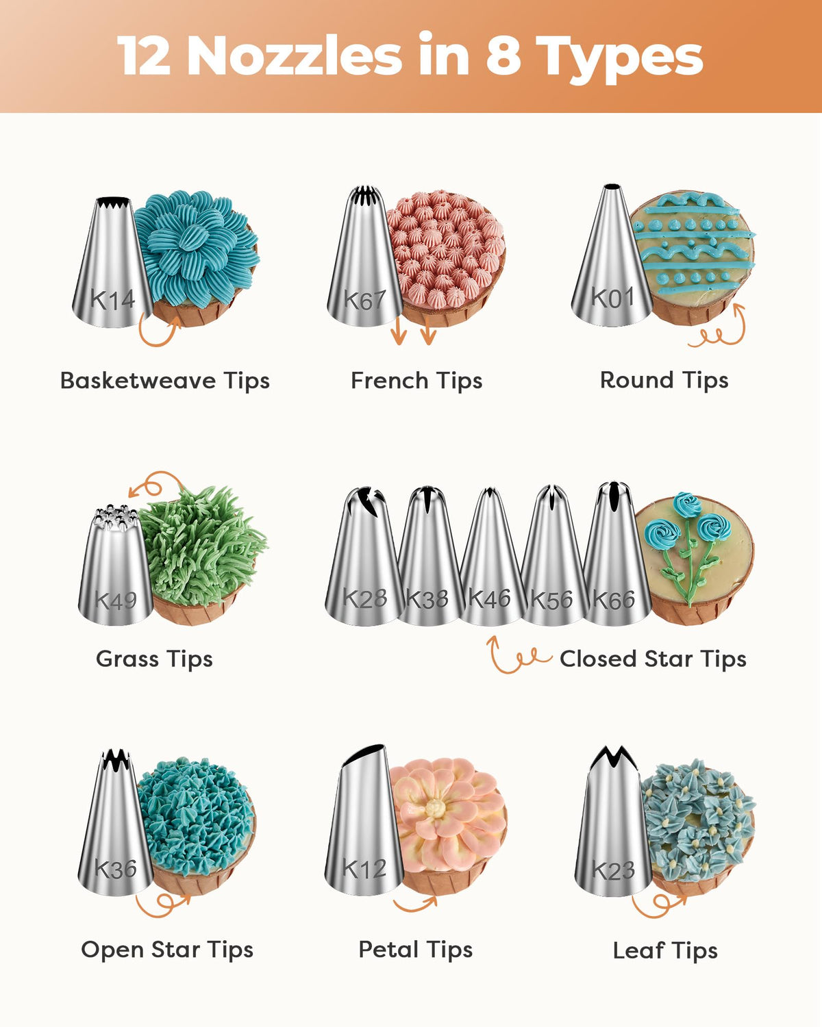 Kootek 12 numbered piping tips set for versatile frosting details and precise decorations.