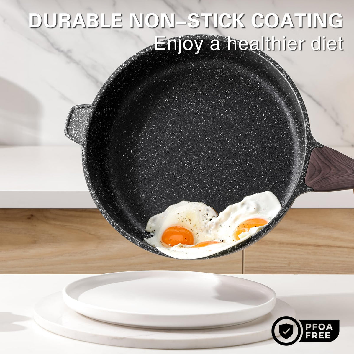 Kordisen 12-inch skillet with wood handle for comfortable grip.