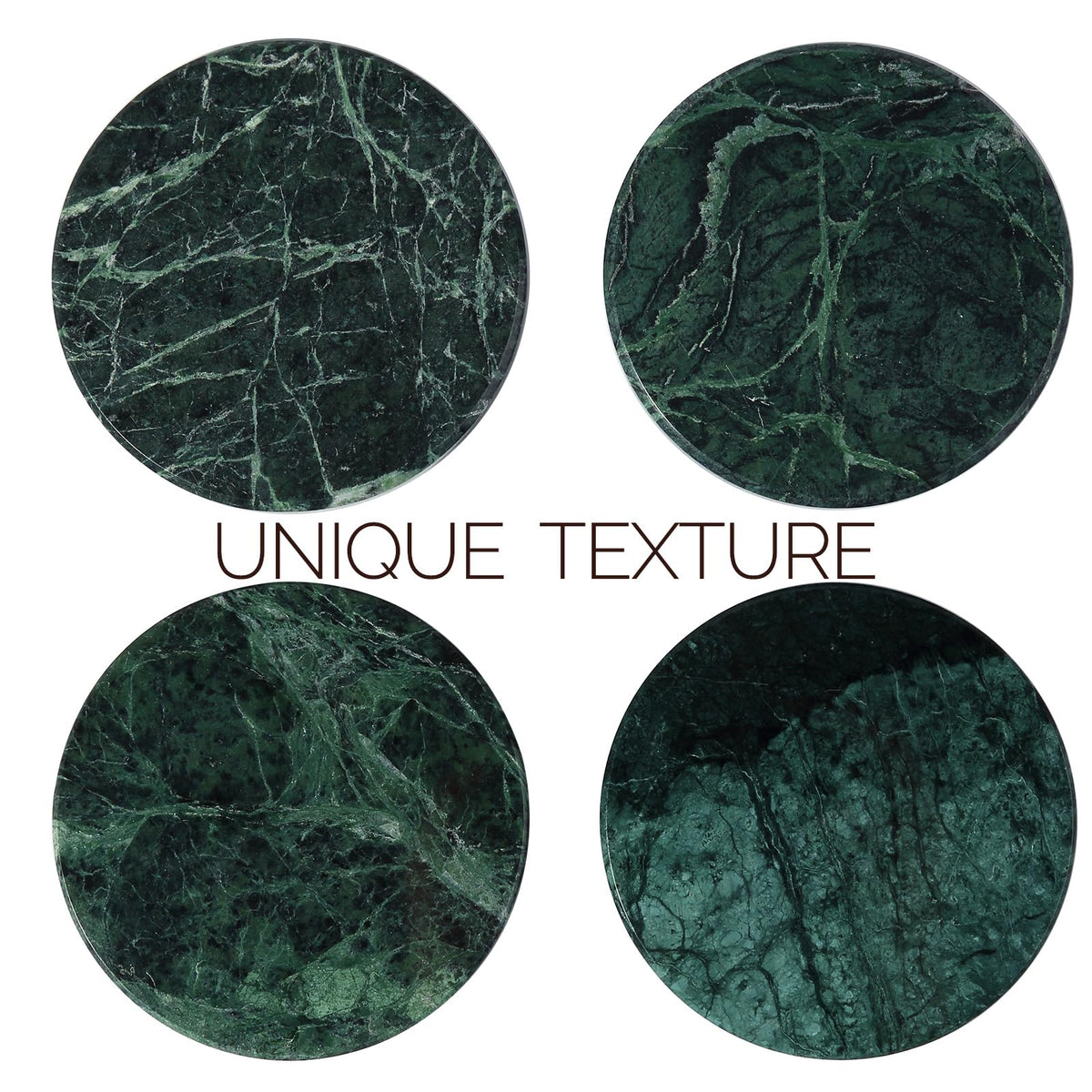 Koville marble coasters with non-slip pads, secure on tabletops.
