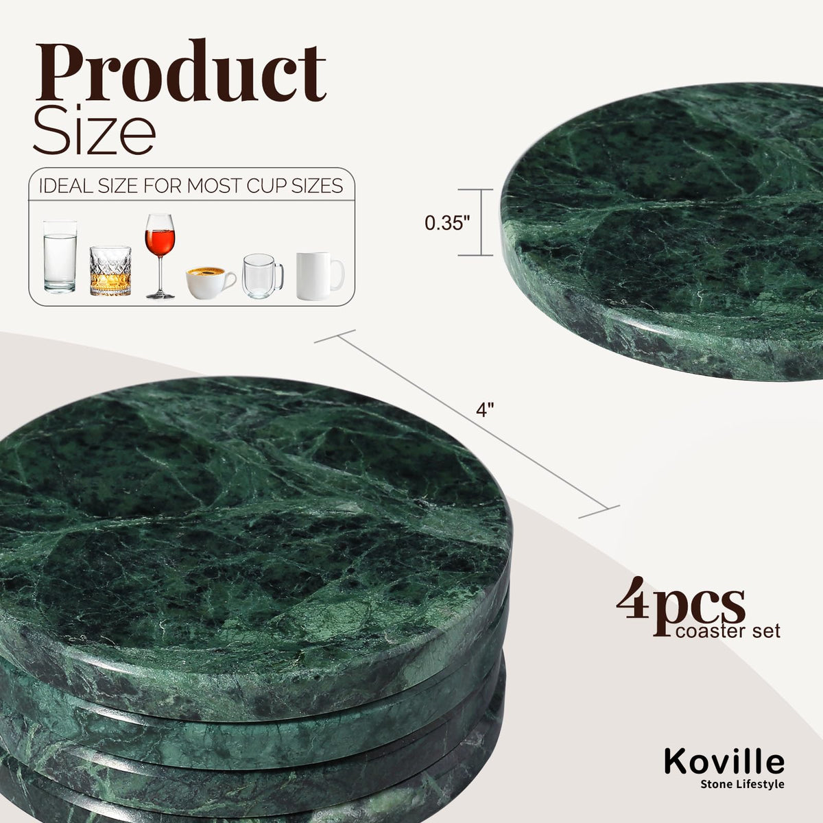 Koville round marble coaster, 4-inch, heat-resistant protection for hot drinks.