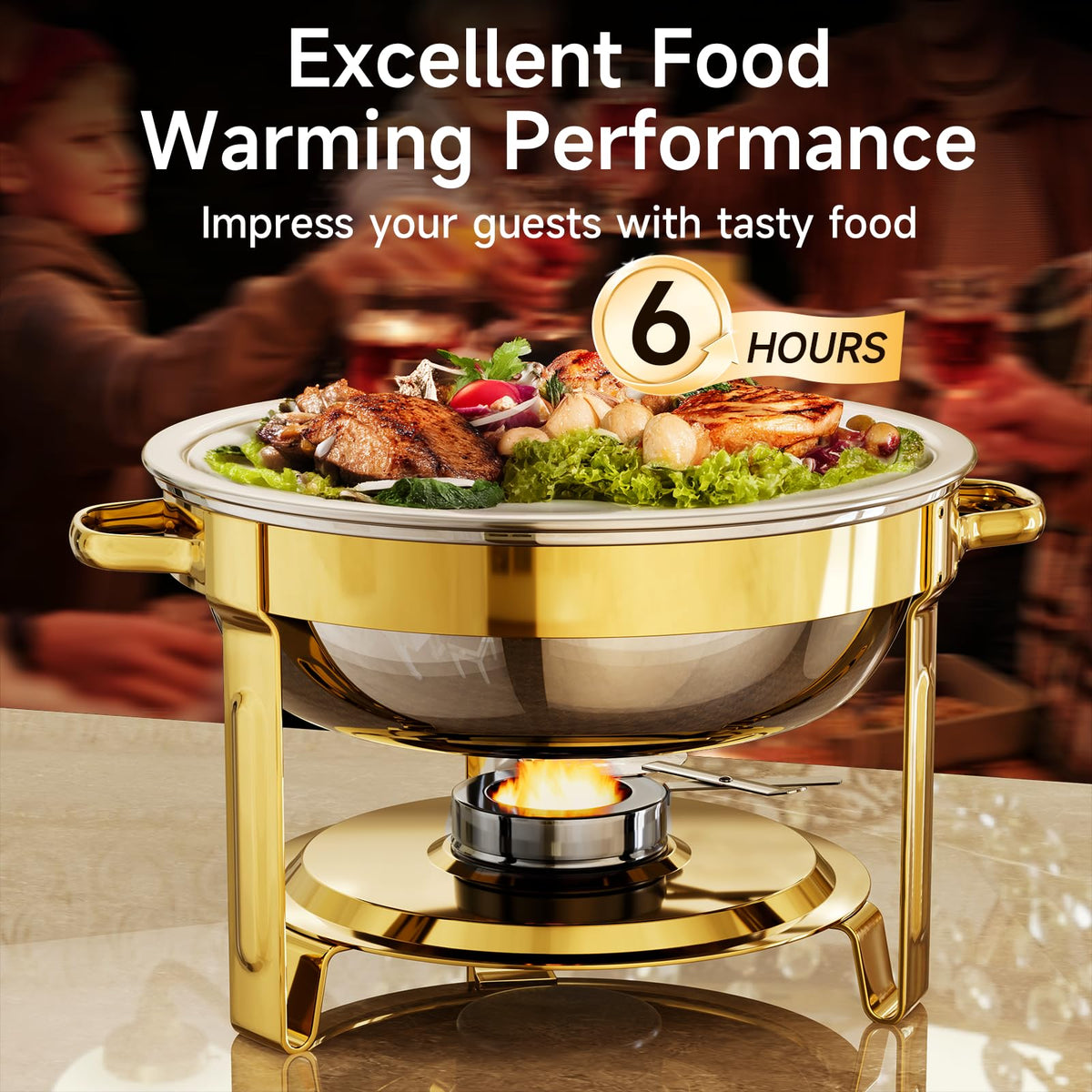 KScocina rose gold chafing dish highlights water basin indicators for stable warming.