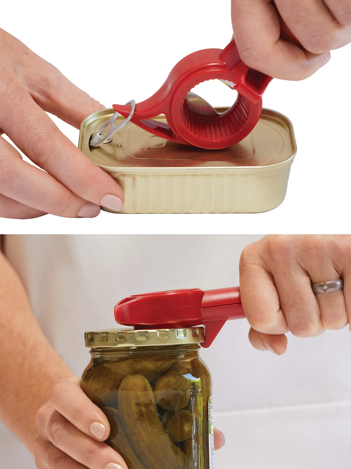 Kuhn Rikon Auto Safety Master Opener minimizes sharp edges for safety.