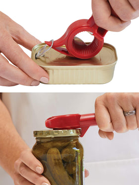 Kuhn Rikon Auto Safety Master Opener minimizes sharp edges for safety.