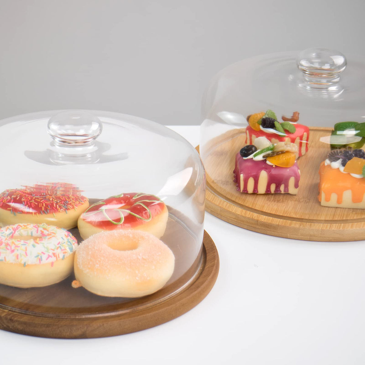 KVMORZE acacia wood base supports a sturdy display for snacks.