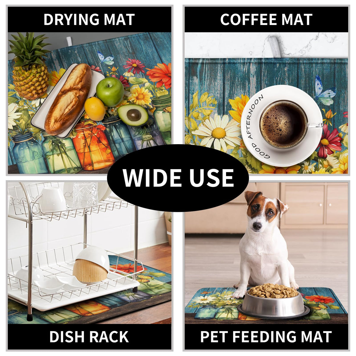 Kwlegh Daisy dish drying mat includes a hanging tab for fast air drying.