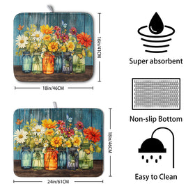 Kwlegh Daisy drying mat with floral print side protects delicate stemware.