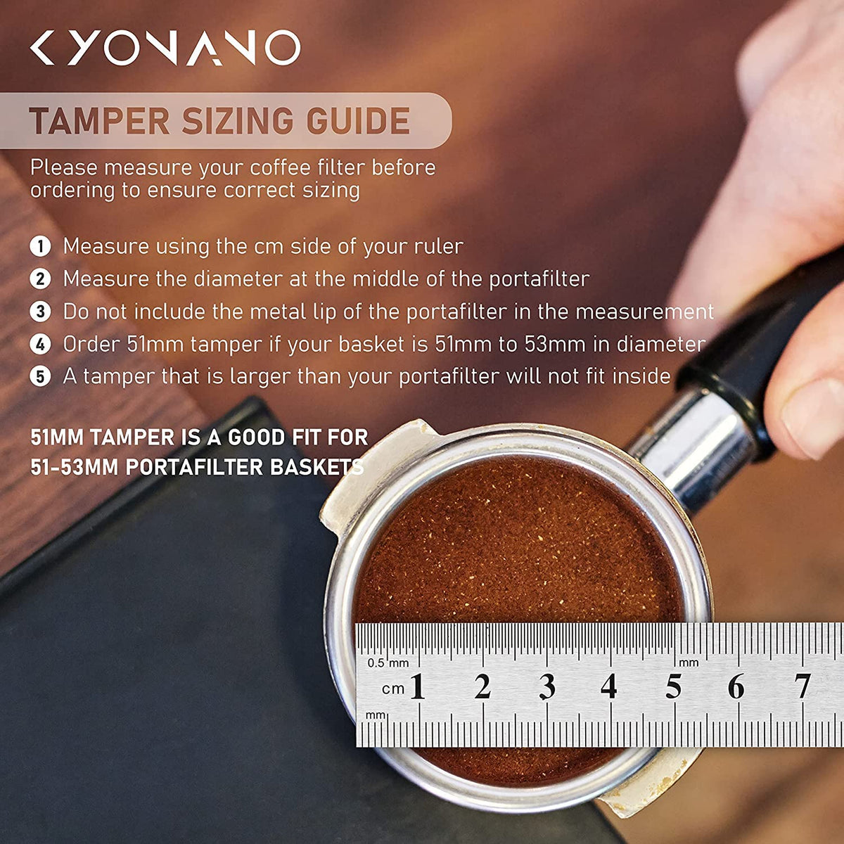 KYONANO pressing in portafilter demonstrates precise, repeatable tamp for craft-level extraction.
