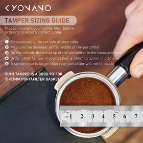 KYONANO pressing in portafilter demonstrates precise, repeatable tamp for craft-level extraction.