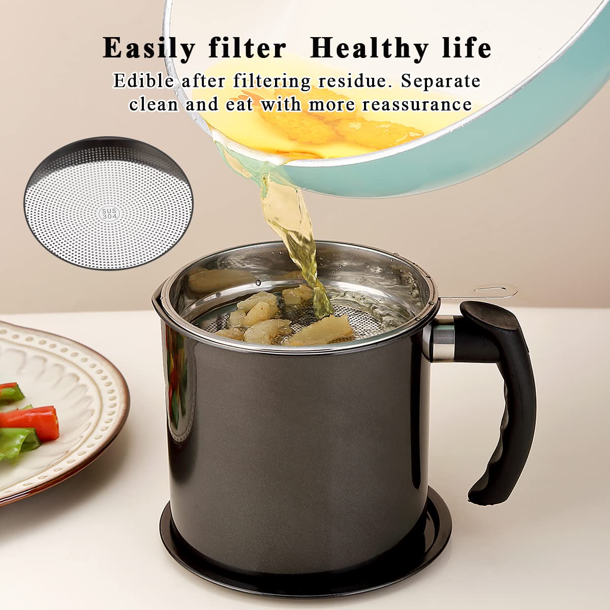 Fine mesh filter separates solids from fat for reuse.