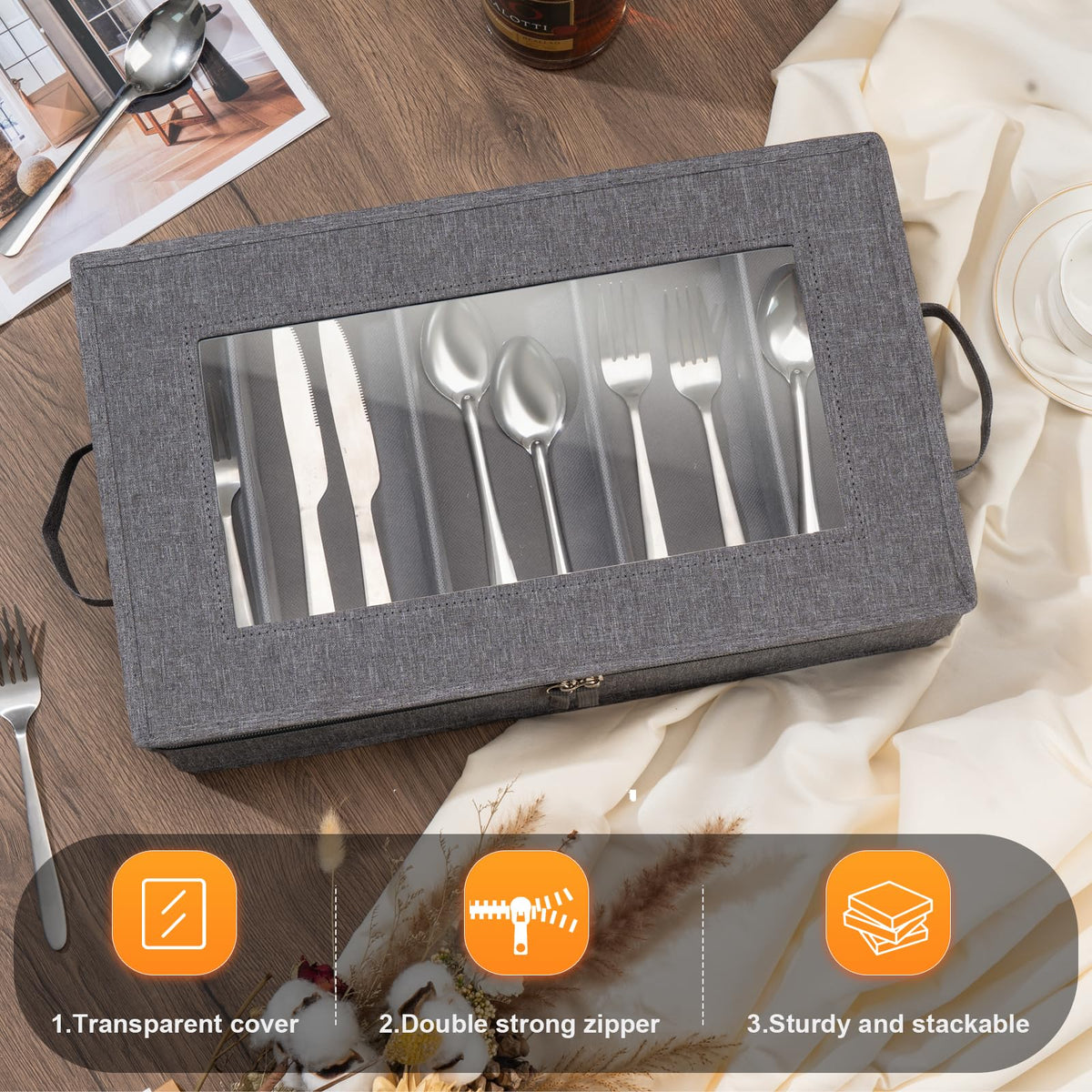 Lafulling flatware storage box transparent cover helps locate items quickly.