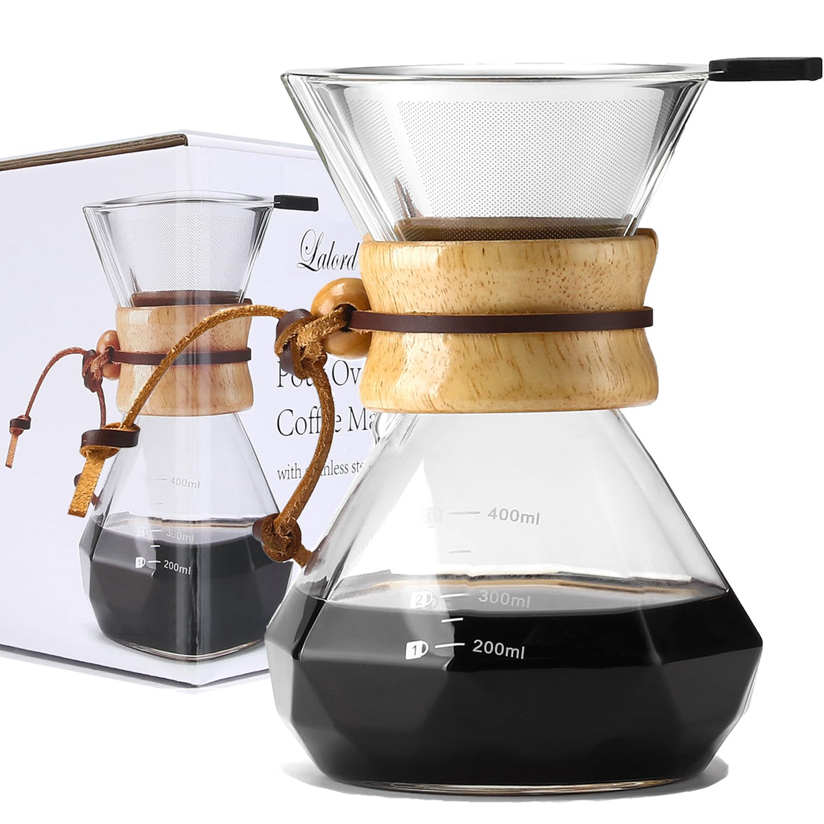 Lalord Pour Over Coffee Maker with stainless steel filter for clean, complex flavors.