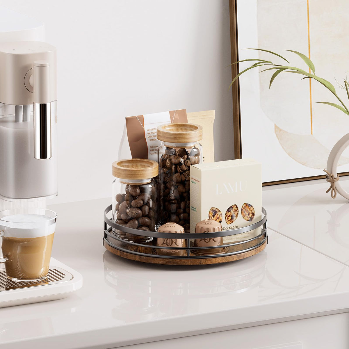 LAMU round wood lazy susan maximizes cabinet storage with raised edges