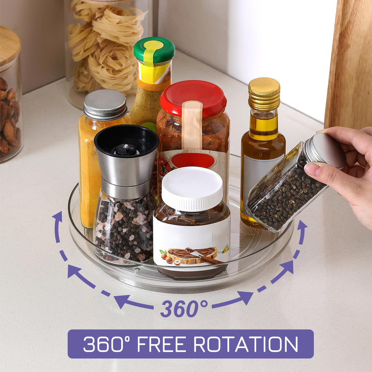 LANDNEOO 10-inch clear lazy susan in fridge for better produce visibility.
