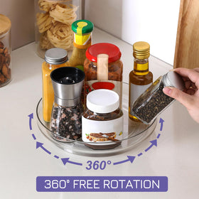 LANDNEOO 10-inch clear lazy susan in fridge for better produce visibility.