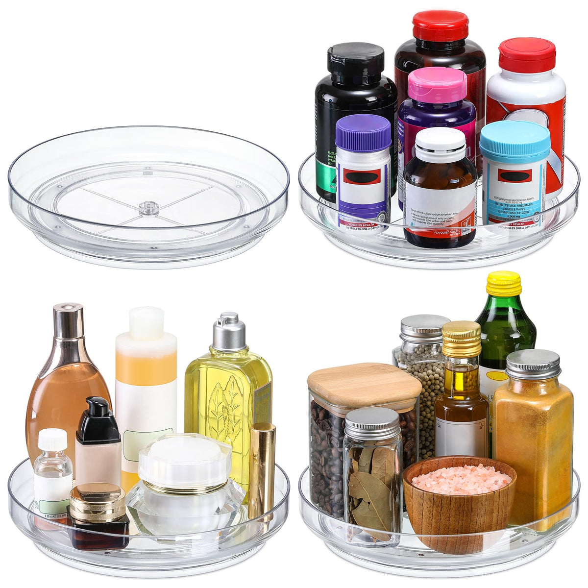 LANDNEOO 10-inch clear lazy susan on kitchen counter for easy spice access.